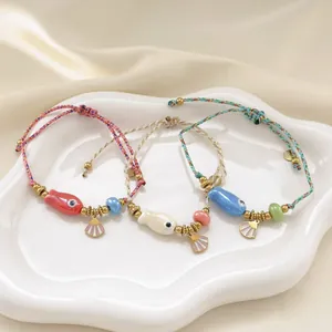 Bohemian Woven Bracelet For Women 304 Stainless Steel 18K Gold Plated Ceramic Fish Shell Pendant Adjustable Ocean Jewelry