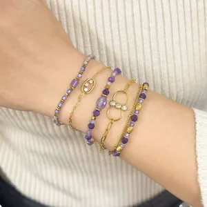 5Pcs set of purple chalcedony natural stone bracelets with 18K gold plated stainless steel
