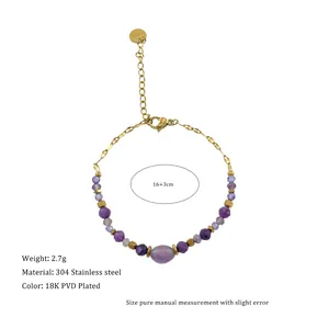 Detail of 18K PVD plated stainless steel chain with purple natural stone beads