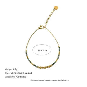 Detail of 18K PVD gold stainless steel bracelet with green natural stone beads and lobster clasp