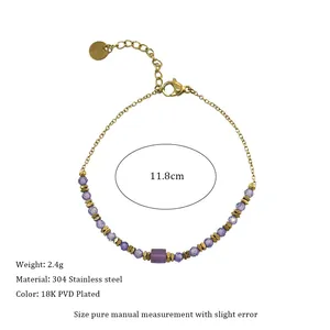 Macro view of 18K gold plated stainless steel chain with purple chalcedony beads