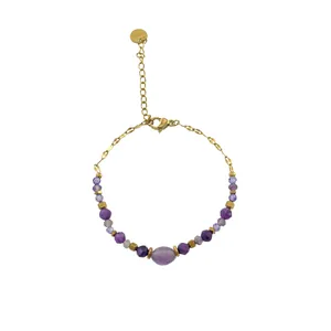 Elegant 18K gold plated stainless steel bracelet with natural purple chalcedony stones