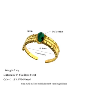 Detail showing 18K PVD gold plated 304 stainless steel ring with malachite stone inlay