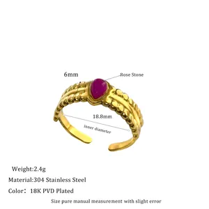 Technical detail of adjustable gold ring with rose stone and 18K PVD coating specs