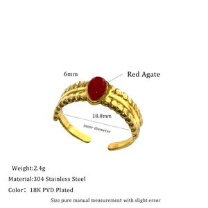 Detail showing 18.8mm inner diameter and teardrop red agate on 18K gold plated ring