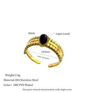 Detailed specs of adjustable 18K gold plated ring with teardrop lapis lazuli stone