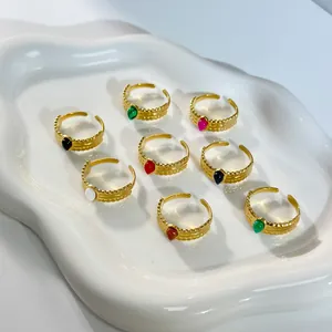 Adjustable 18K gold-plated stainless steel rings with colorful teardrop gemstones