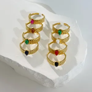 Adjustable 18K gold plated stainless steel rings with colorful teardrop stones