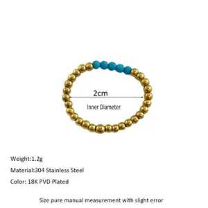Detail of 18K gold-plated stainless steel ring with blue natural stone beads and dimensions