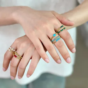 Bohemian 304 Stainless Steel Beaded Ring 18K Gold Plated Natural Stone Faux Artificial Pearl Stackable Ring For Women Fashion Jewelry