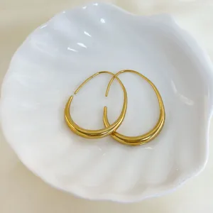 Chic 18K gold plated teardrop hollow oval titanium steel earrings on a shell plate