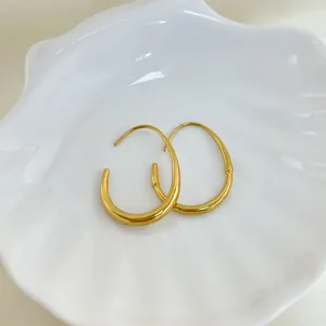 Detailed close-up of golden teardrop hoop earrings on a decorative shell plate