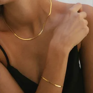Collana E Bracciale In Acciaio Inossidabile A Spina Di Pesce Minimalista Placcato Oro 18K Collezione Di Gioielli A Catena Piatta
