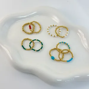 18K gold plated stainless steel beaded ring set with colorful natural stone beads