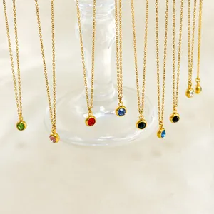 304 Edelstahl 18K Gold PVD Beschichtet Rund Geburtsstein Anhänger Halskette Wasserdicht Hypoallergen Schmuck Für Damen Geschenk