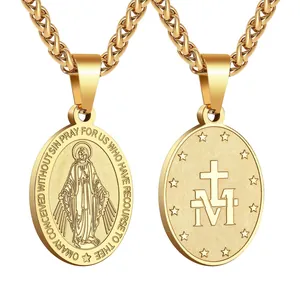 Collier Pendentif Médaille Religieuse en Acier Inoxydable Vintage pour Hommes Femmes Sainte Marie Benoît Joseph Jude Michel Christophe Croix Bijoux