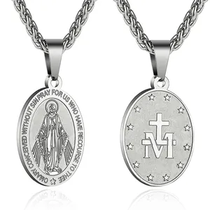 Polished stainless steel Virgin Mary pendant necklace showing both sides on white background