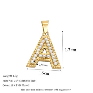 Detailed size view of gold 304 stainless steel letter A pendant with inlaid pearls