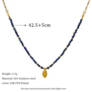 Lapis lazuli beaded necklace with 18K gold plated leaf pendant and size measurement info