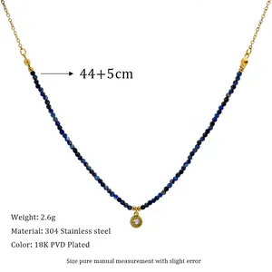Detail view of Lapis Lazuli beaded necklace with 18K gold plated stainless steel pendant