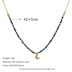 Lapis lazuli necklace with moon pendant, 18K PVD gold plated stainless steel details