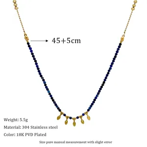 Lapis lazuli beaded necklace with gold pendants, 45+5cm length, 304 stainless steel