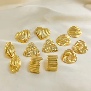 18K Verguld 304 Roestvrij Staal Geribbelde Textuur Oorknopjes Voor Vrouwen Vintage Geometrische Hart C-Vormige Holle Oorbellen Waterdichte Sieraden