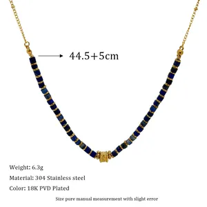 Detail showing 18K PVD plated stainless steel chain with blue stone beads and dimensions