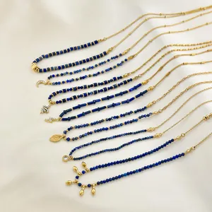Lapis Lazuli Beaded Necklace For Women 18K Gold Plated 304 Stainless Steel Pendant Necklace Bohemian Fashion Jewelry