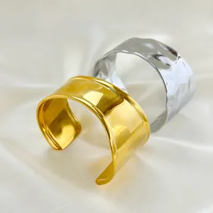 Modern Minimalist 18K Gold Plated 304 Stainless Steel Cuff Bracelet For Women Men Hammered Wave Open Bangle Jewelry Gift