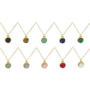 Golden round natural stone necklaces set featuring ten colorful semi-precious pendants