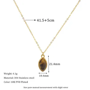 Macro detail of marquise tiger eye pendant with 18K PVD gold plating dimensions