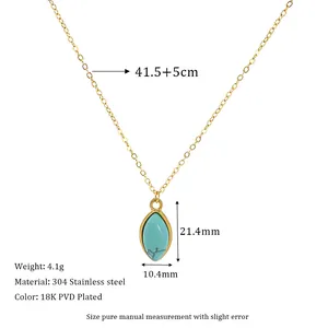 Detail showing gold 18K PVD plated stainless steel necklace with blue marquise stone