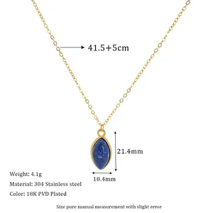 Detailed view of marquise-cut blue stone pendant with 18K gold plated stainless steel chain