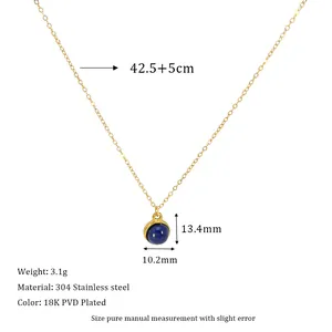 Detail view of lapis lazuli pendant necklace with dimensions and 18K PVD gold plating info
