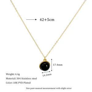 Detailed spec view of 18K gold plated stainless steel necklace with black round stone