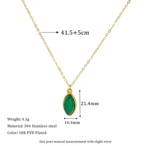 Detail view of 18K PVD gold stainless steel necklace with green stone pendant and dimensions