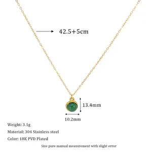 Detail view of 18K gold plated stainless steel necklace with green stone and dimensions