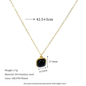 Detail view of square black stone pendant with 18k gold plated 304 stainless steel chain
