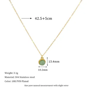 Detail view of 18K gold plated stainless steel necklace with green round natural stone