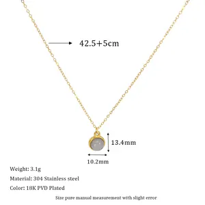 Detail of 18K gold-plated stainless steel necklace with round grey translucent stone