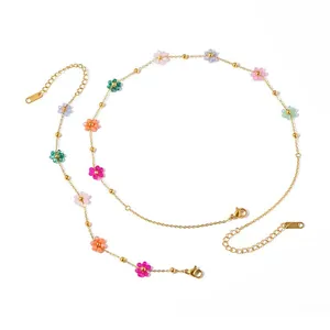 Minimalist 18k gold plated stainless steel necklace with colorful beaded flower charms