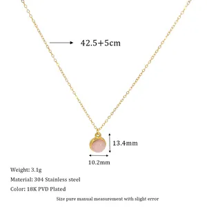 Detail showing 304 stainless steel necklace specs with pink stone and 18K PVD gold plating