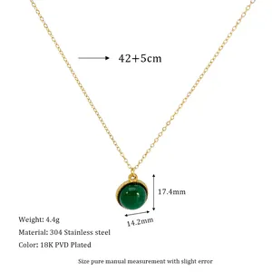 Detail showing 304 stainless steel necklace specs with green stone pendant and dimensions