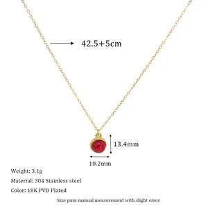 Detailed size specifications for a gold stainless steel necklace with a red stone pendant