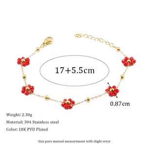 Detail showing 304 stainless steel bracelet size 17 plus 5.5cm with red flower beads