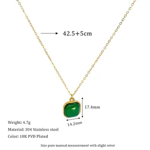 Detail of 18k PVD gold plated stainless steel necklace with square green natural stone
