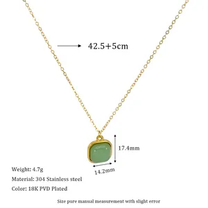 Detail of 18K gold plated stainless steel necklace with green stone pendant and dimensions