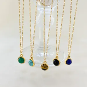 Women 18K Gold Plated 304 Stainless Steel Necklace Minimalist Round Natural Stone Pendant Fashion Jewelry For Daily Wear Gift