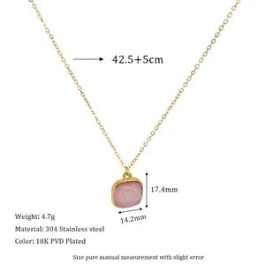 Detail view of pink stone pendant with 304 stainless steel chain length and size specs